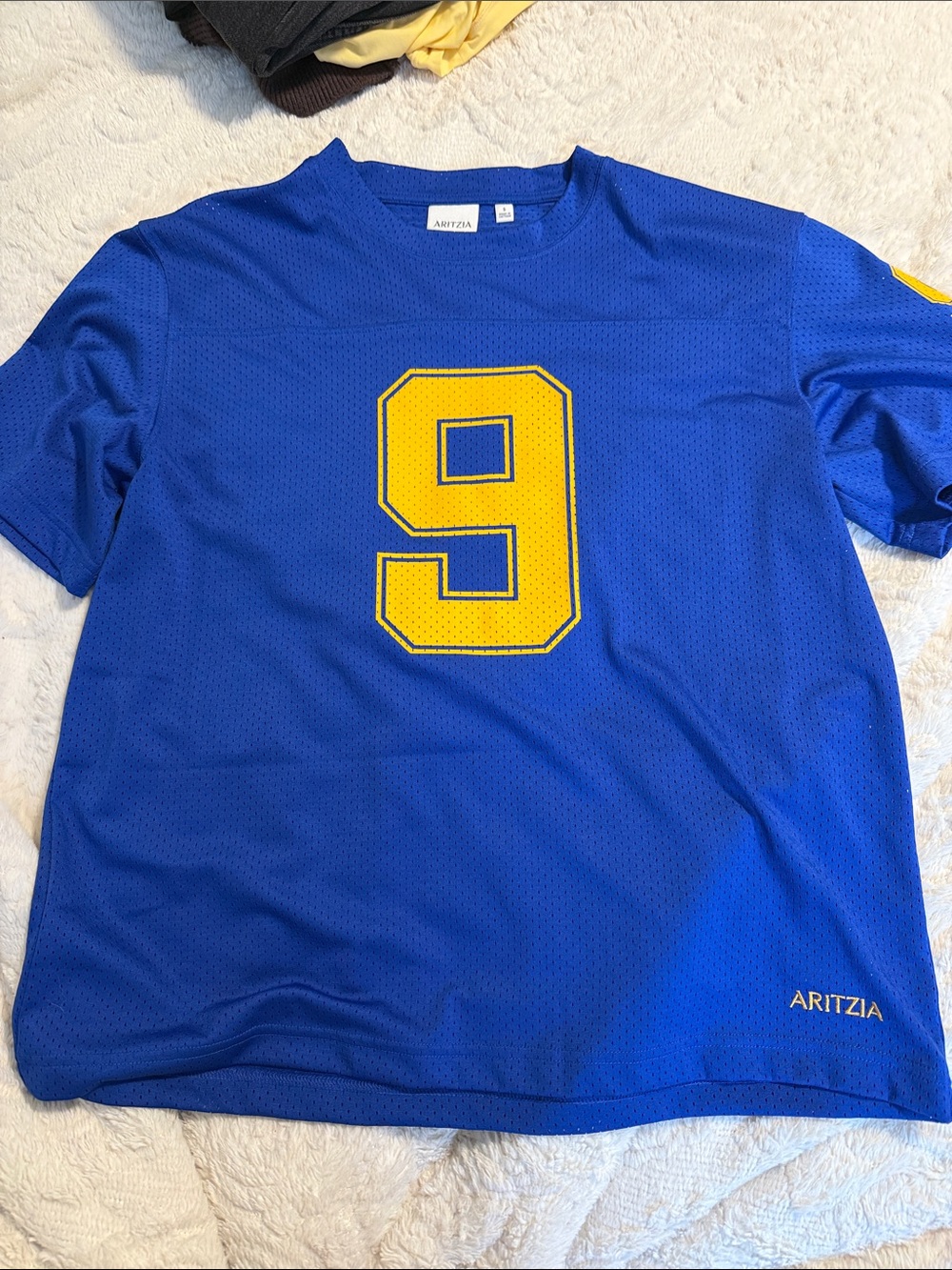 Aritzia Blue Mesh Athletic Jersey Top with Yellow Number 9
